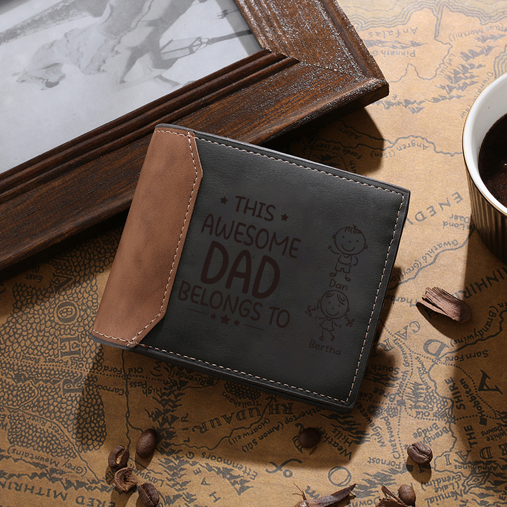 Personalized 2 Names & 1 Photo Wallet Custom Men's Leather Folding Wallet "This Awesome Dad Belongs To" Father's Day Gifts