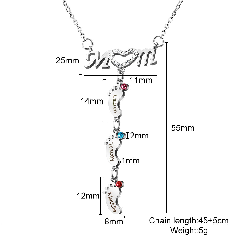 Mother's Necklace With Small Custom Name & Birthstone Baby Foot Charms
