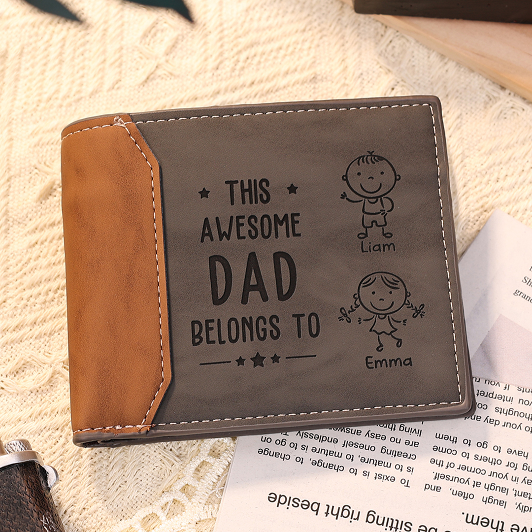 Personalized 2 Names & 1 Photo Wallet Custom Men's Leather Folding Wallet "This Awesome Dad Belongs To" Father's Day Gifts