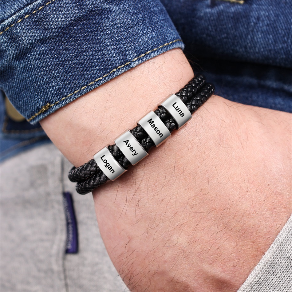 Father's Day🎁 Men Leather Bracelet with Engraved Beads