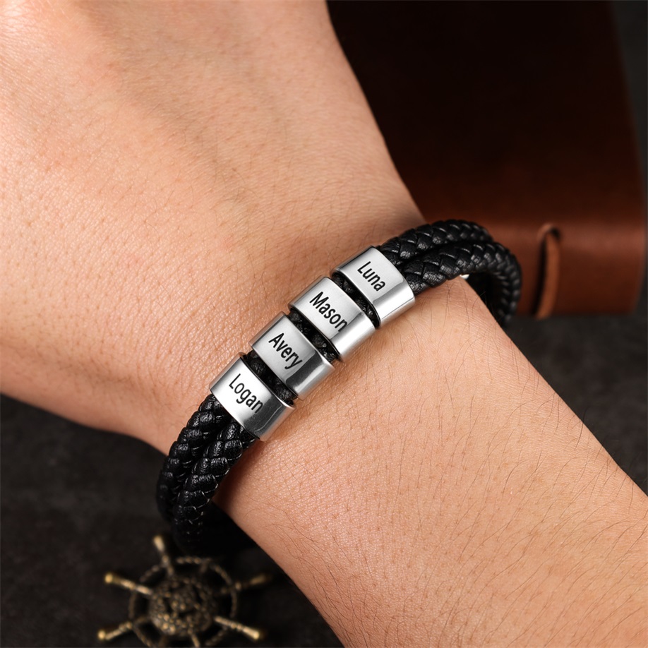 Father's Day🎁 Men Leather Bracelet with Engraved Beads