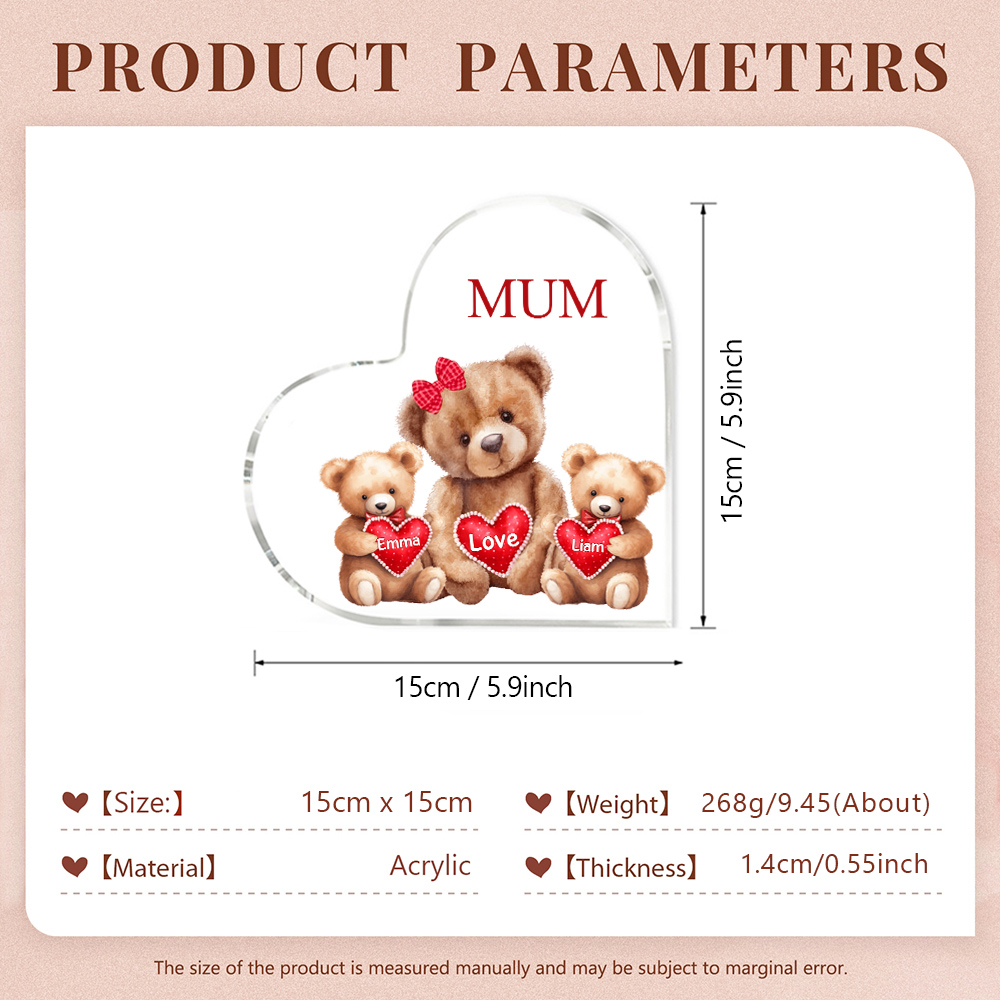 Personalized Acrylic Heart Keepsake Custom Texts Teddy Bear Ornaments Gifts for Grandma/Mother