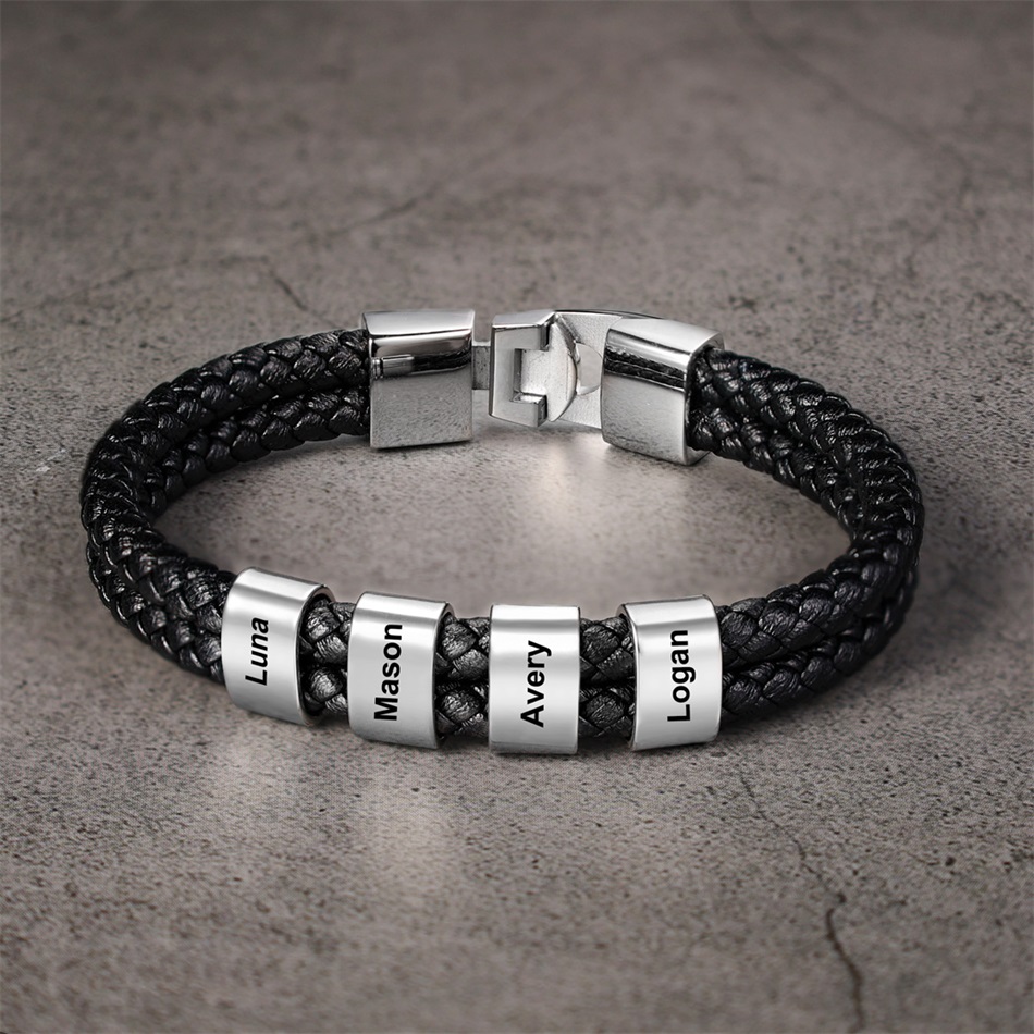 Father's Day🎁 Men Leather Bracelet with Engraved Beads