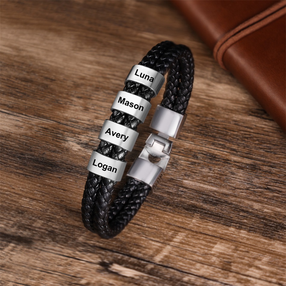 Father's Day🎁 Men Leather Bracelet with Engraved Beads