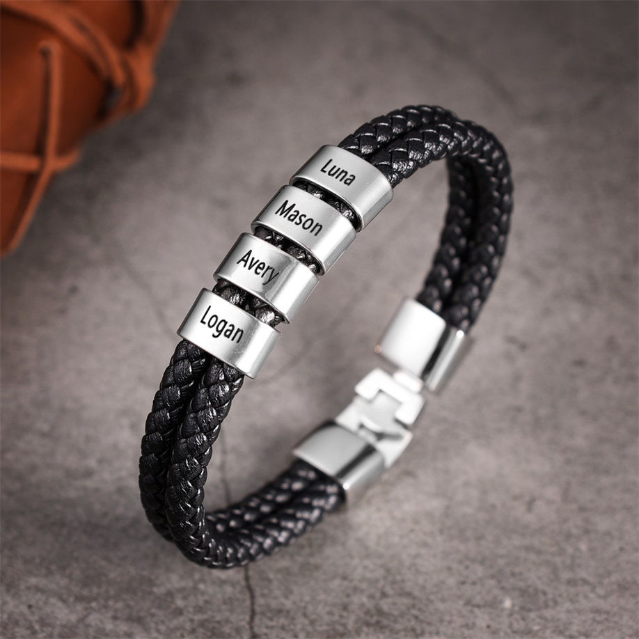 Father's Day🎁 Men Leather Bracelet with Engraved Beads