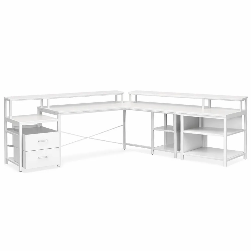 Grand Bureau d'Angle avec Rangement et Tiroirs, Table Informatique Blanc