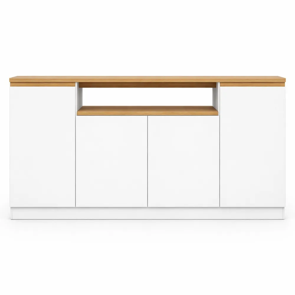 Buffet élégant 4 portes avec niche centrale, blanc et bois