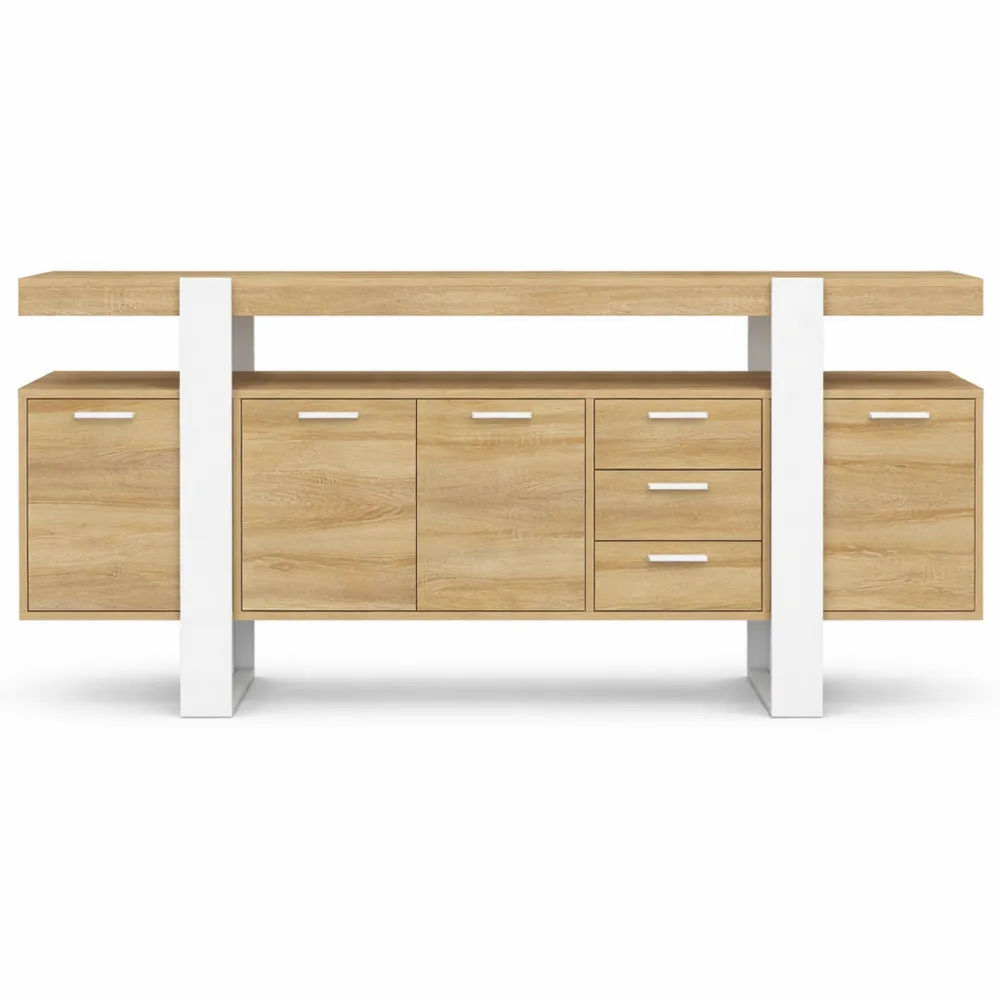 Buffet 4 portes et 3 tiroirs, bois et blanc, 180 cm