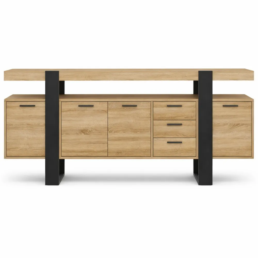 Buffet 180 cm avec 4 portes et 3 tiroirs en bois noir