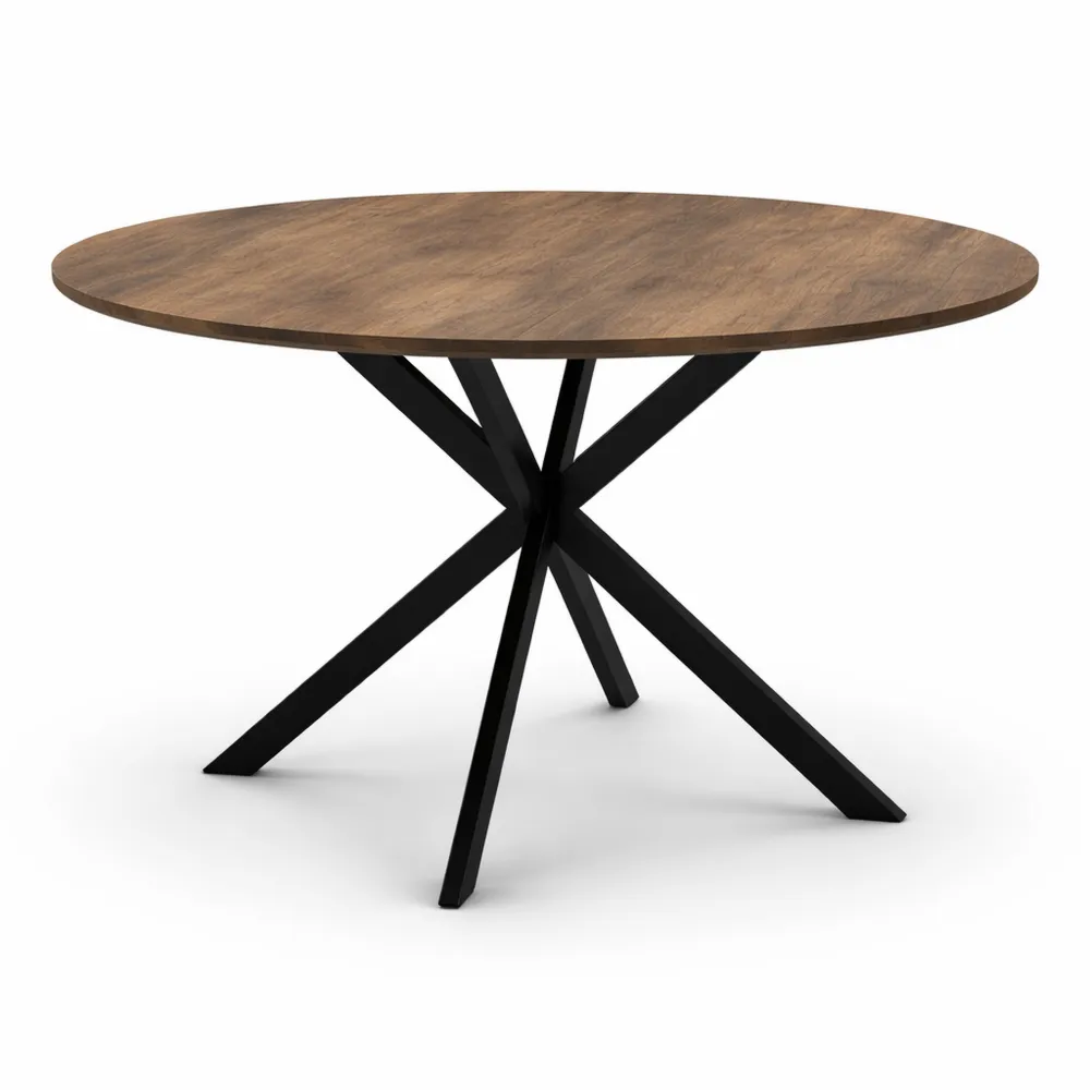 Table à Manger Ronde 6 Personnes avec Pied Noir et Plateau Bois Foncé 110 cm