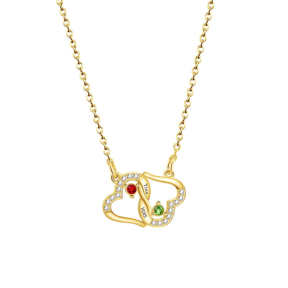 Diamond-encrusted double heart birthstone engraving necklace