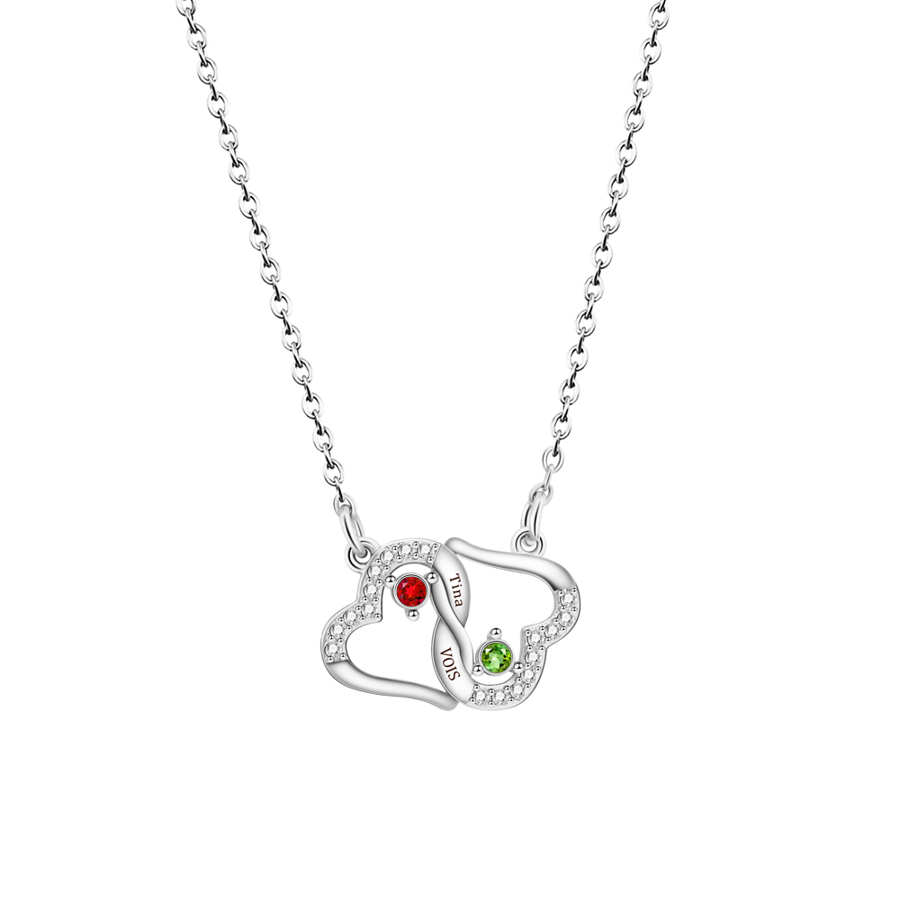 Diamond-encrusted double heart birthstone engraving necklace