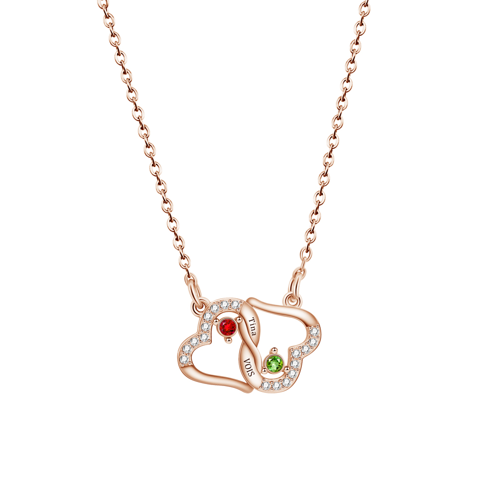 Diamond-encrusted double heart birthstone engraving necklace