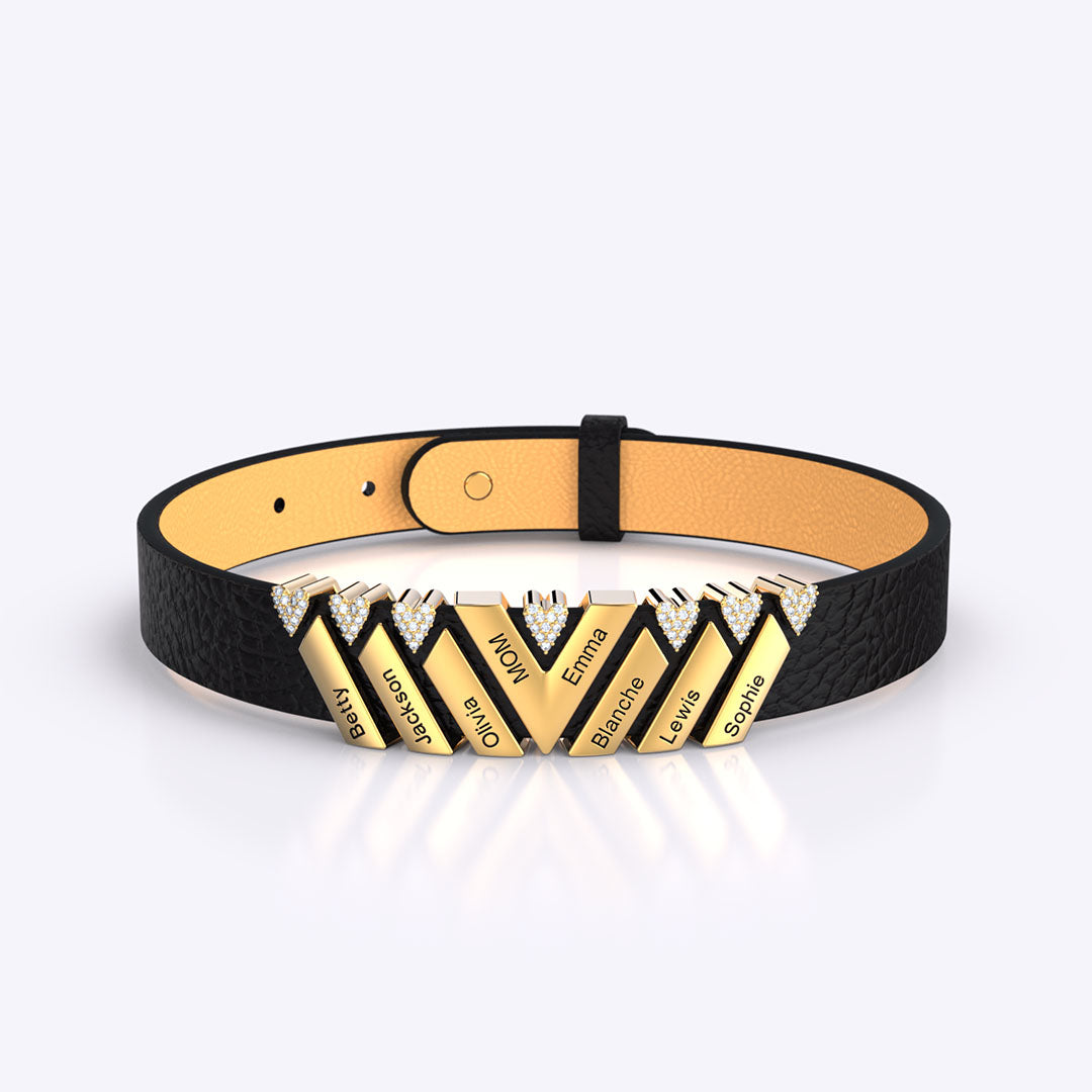 Mother's Day Gift Personalized Leather V Bracelet With Diamond Charms for Grandma/Mom/Dad