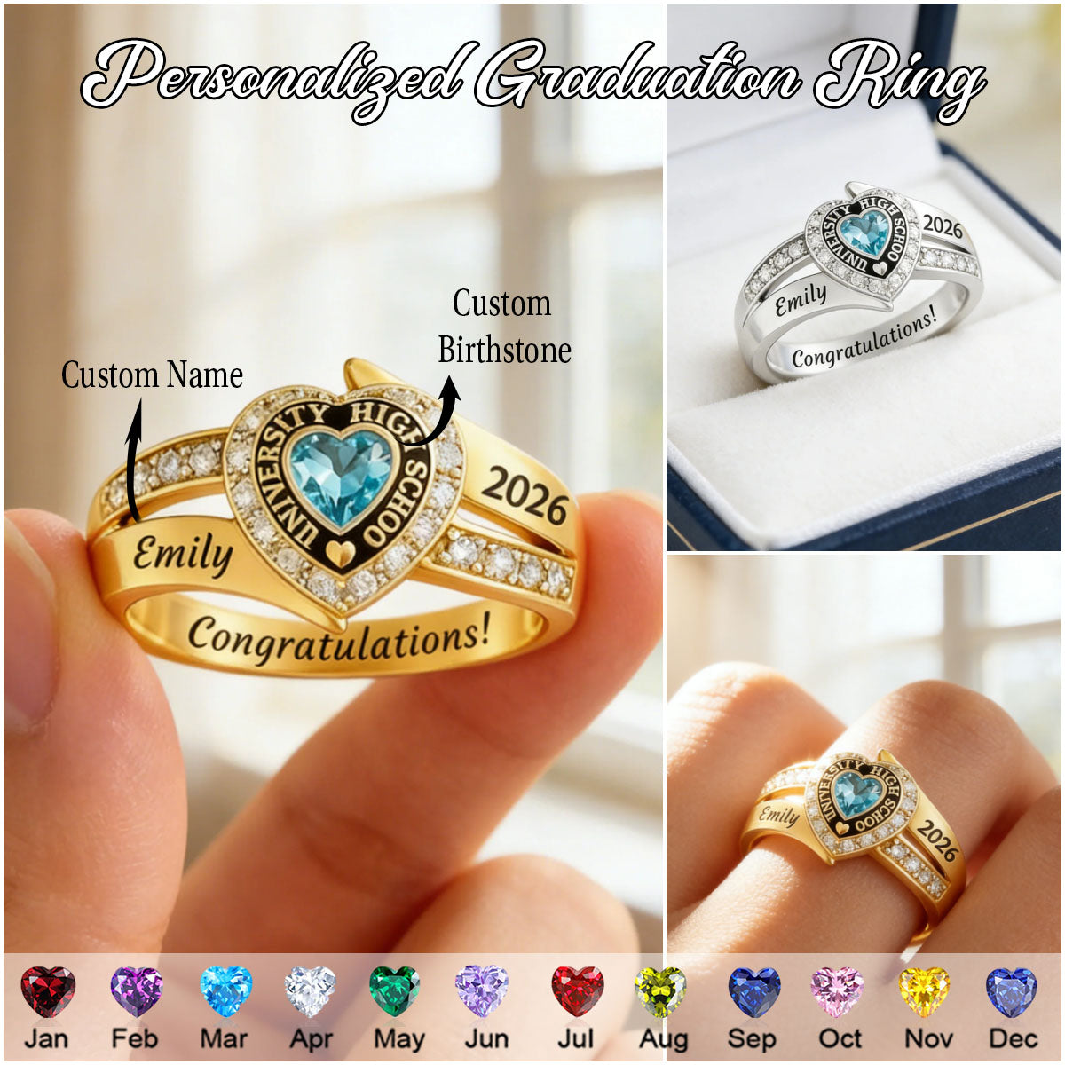 Personalized Engraved Heart Birthstone Graduation Ring Gift for Graduates