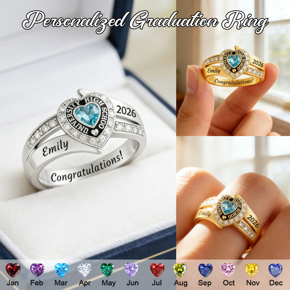Personalized Engraved Heart Birthstone Graduation Ring Gift for Graduates