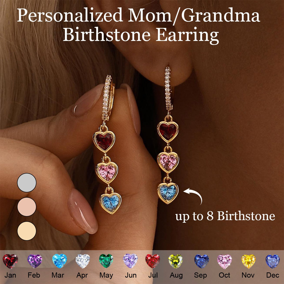 Personalized Heart Birthstone Dangle Hoop Huggie Earrings-Mother's Day Gift