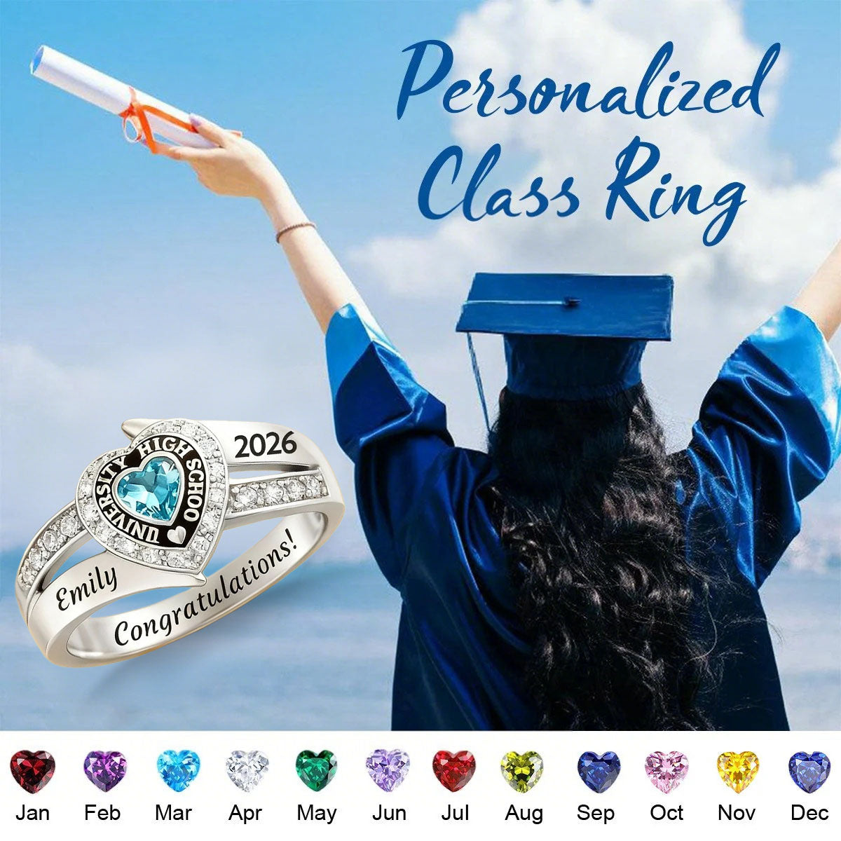Personalized Engraved Heart Birthstone Graduation Ring Gift for Graduates