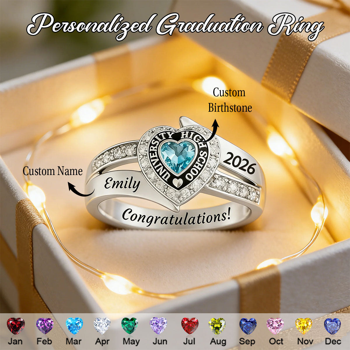 Personalized Engraved Heart Birthstone Graduation Ring Gift for Graduates