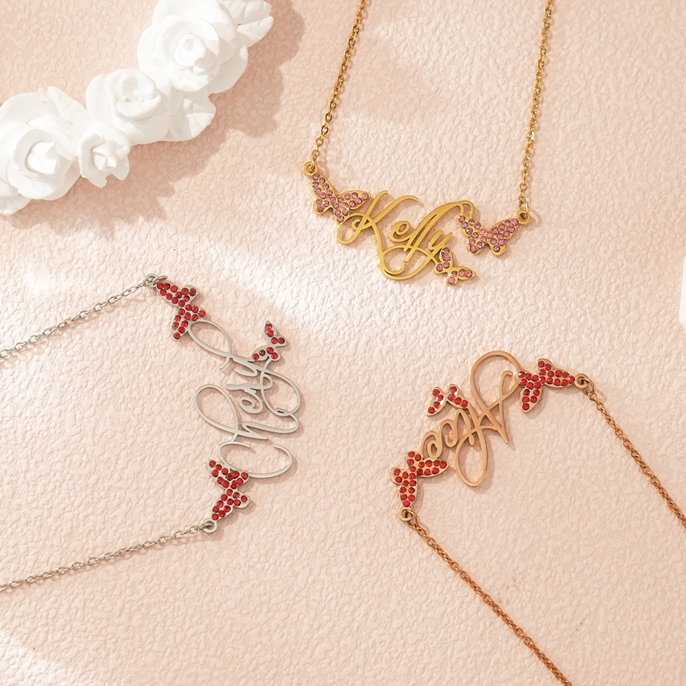 ✨ Personalized Butterfly Name Necklace with Birthstone Crystals