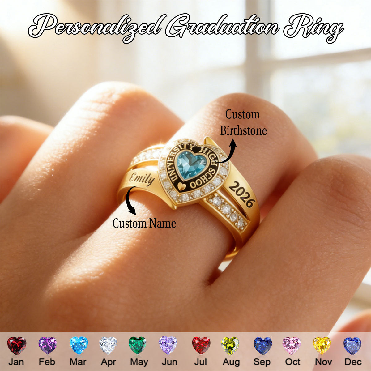 Personalized Engraved Heart Birthstone Graduation Ring Gift for Graduates