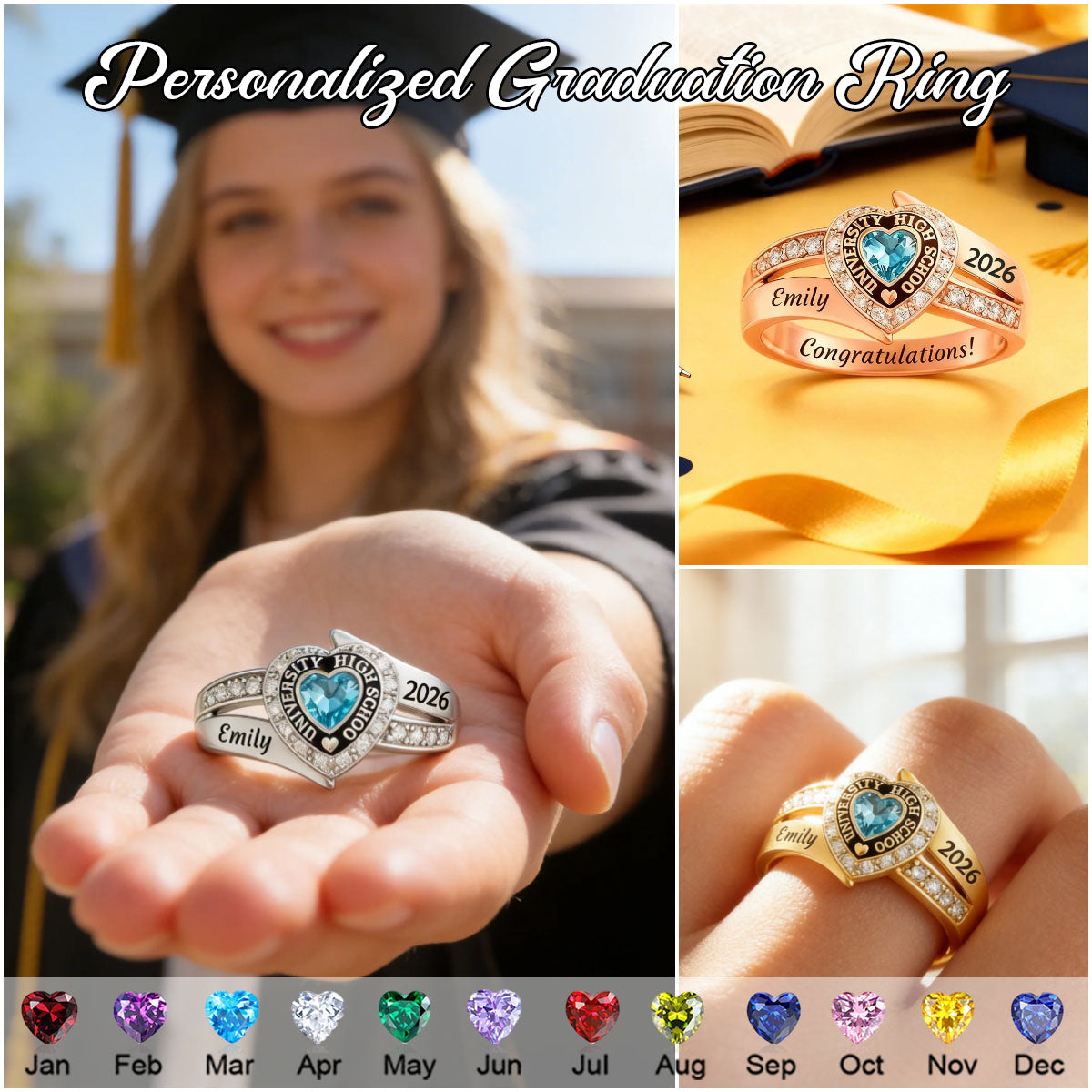 Personalized Engraved Heart Birthstone Graduation Ring Gift for Graduates