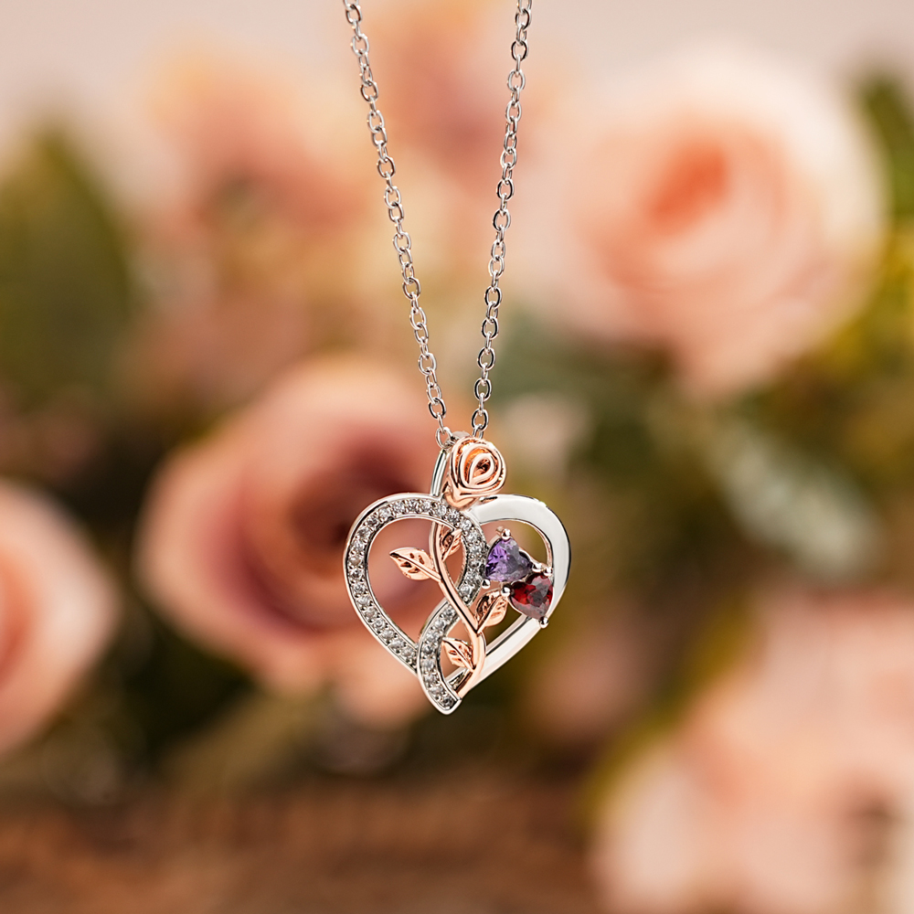 Heart-shaped birthstone rose necklace