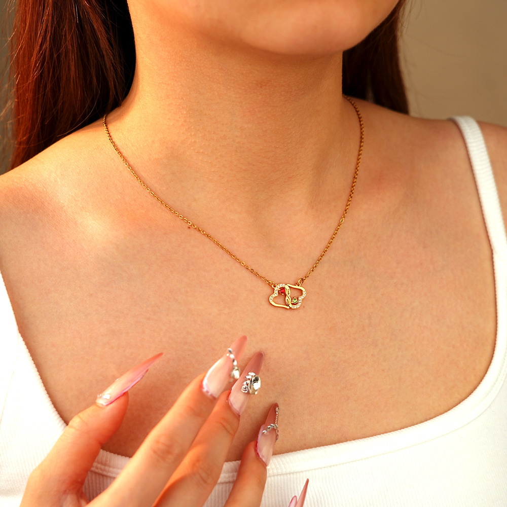 Diamond-encrusted double heart birthstone engraving necklace