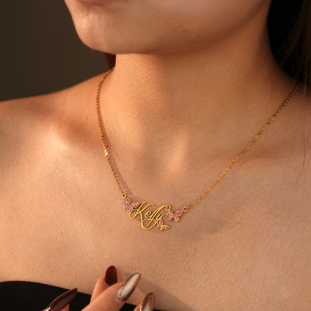 ✨ Personalized Butterfly Name Necklace with Birthstone Crystals