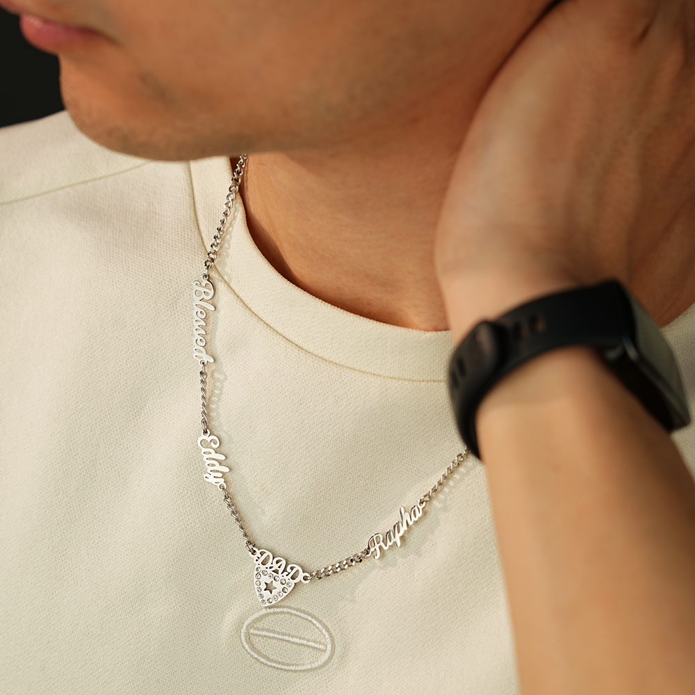 Custom Dad Necklace - Multi Name Shield Pendant with Crystal Star 