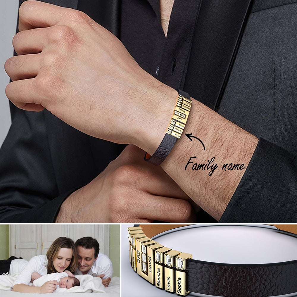 Father's Day Gift Men Learther Bracelet With Diamond Name Beads