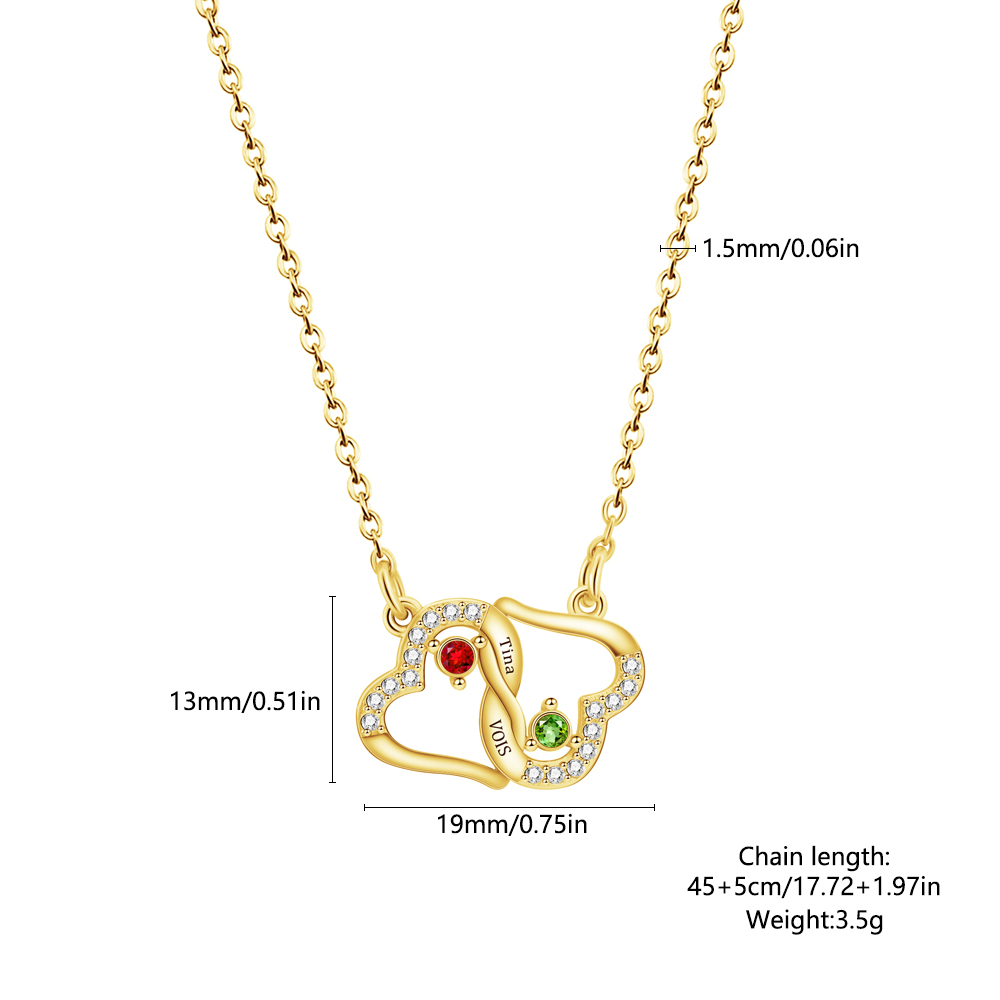 Diamond-encrusted double heart birthstone engraving necklace