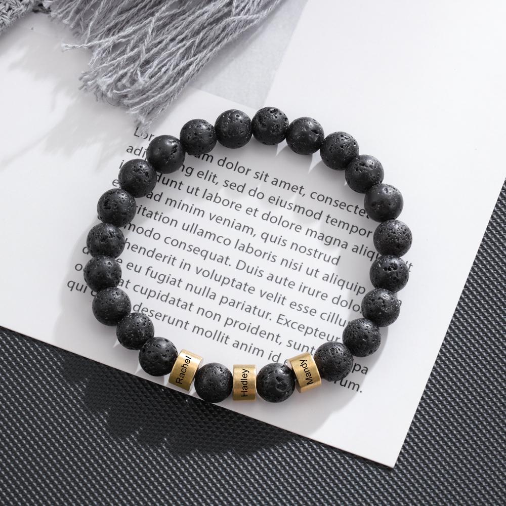 Serene Black Onyx Men Bracelet Personalized 3 Names Beaded Warp Bracelet Gift For Him