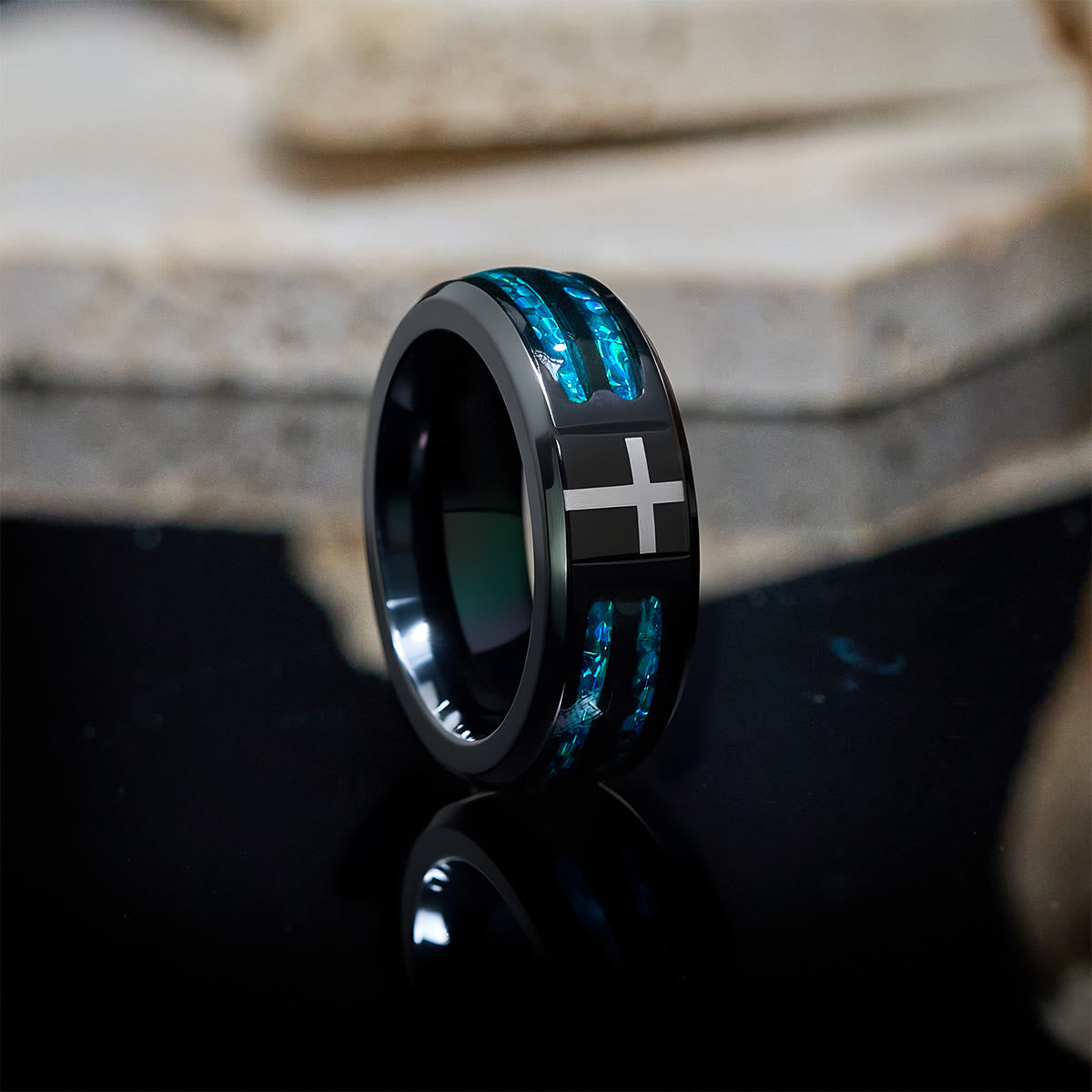 Modern Titanium Steel Cross Ring with Laser Blue Inlay: Serenity in Christ's Blue Light