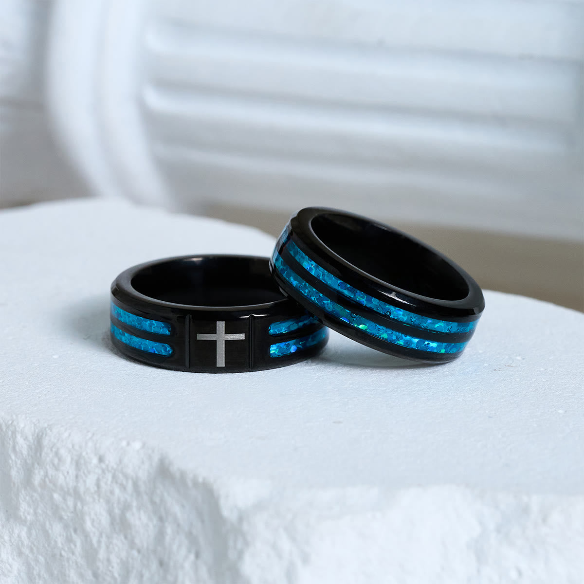 Modern Titanium Steel Cross Ring with Laser Blue Inlay: Serenity in Christ's Blue Light