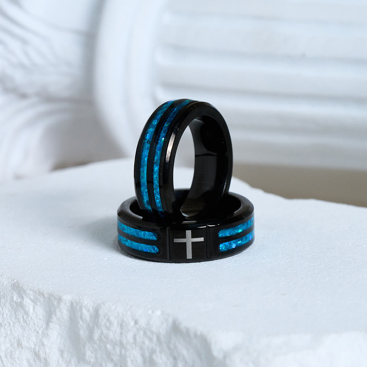 Modern Titanium Steel Cross Ring with Laser Blue Inlay: Serenity in Christ's Blue Light