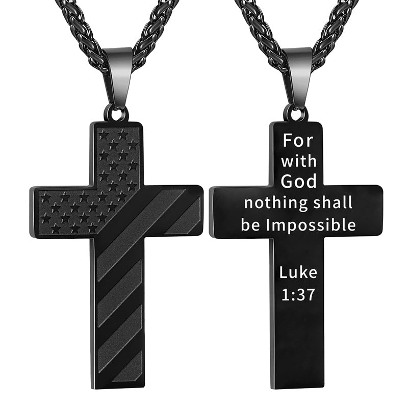 Stainless Steel Personalized Engraved American Flag Cross Pendant Necklace