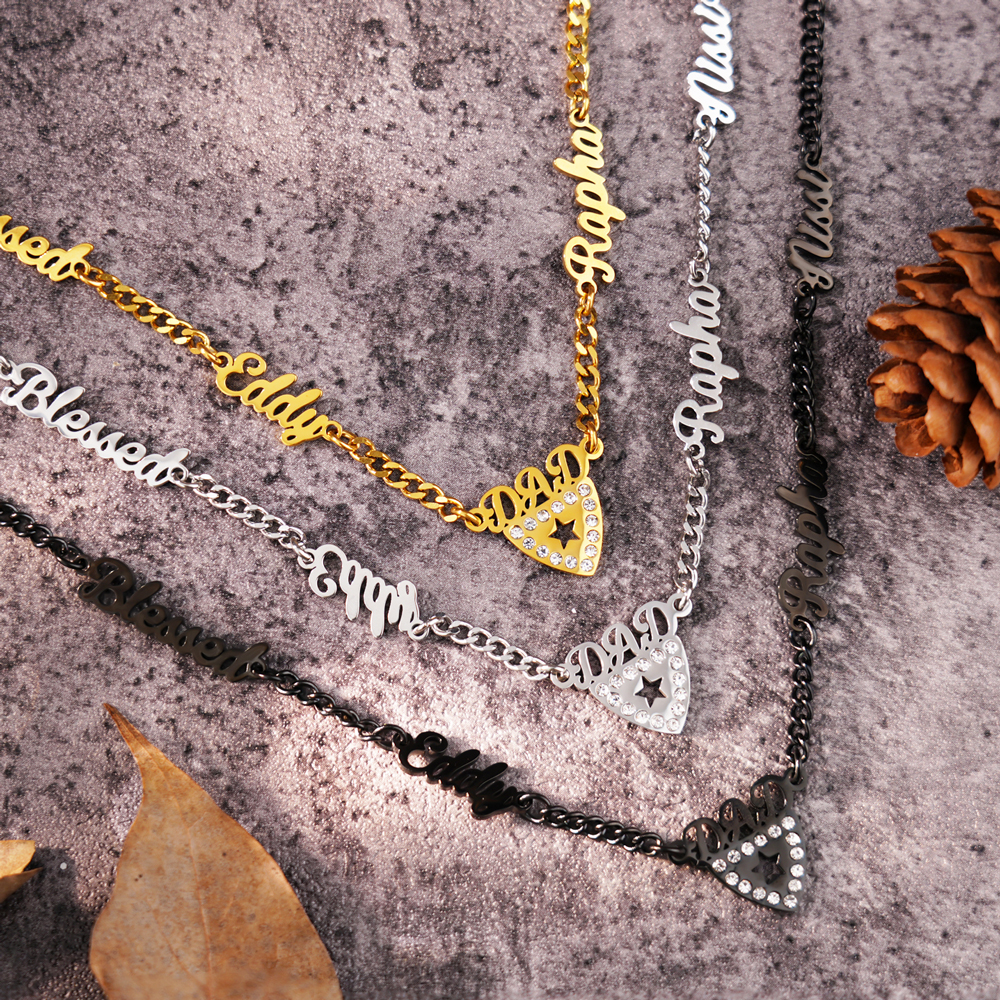 Custom Dad Necklace - Multi Name Shield Pendant with Crystal Star 