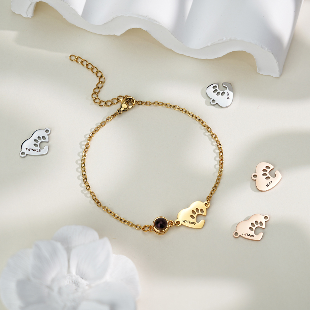 Personalized Name Heart-Shaped Paw Print Photo Projection Necklace/Bracelet