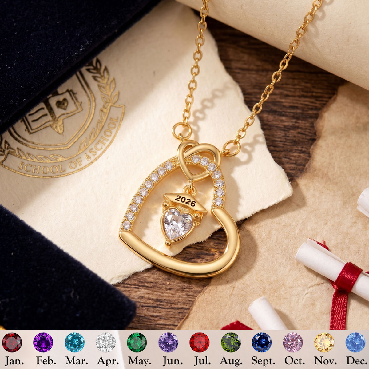 Personalized Graduation Cap Birthstone Necklace,Class of 2026
