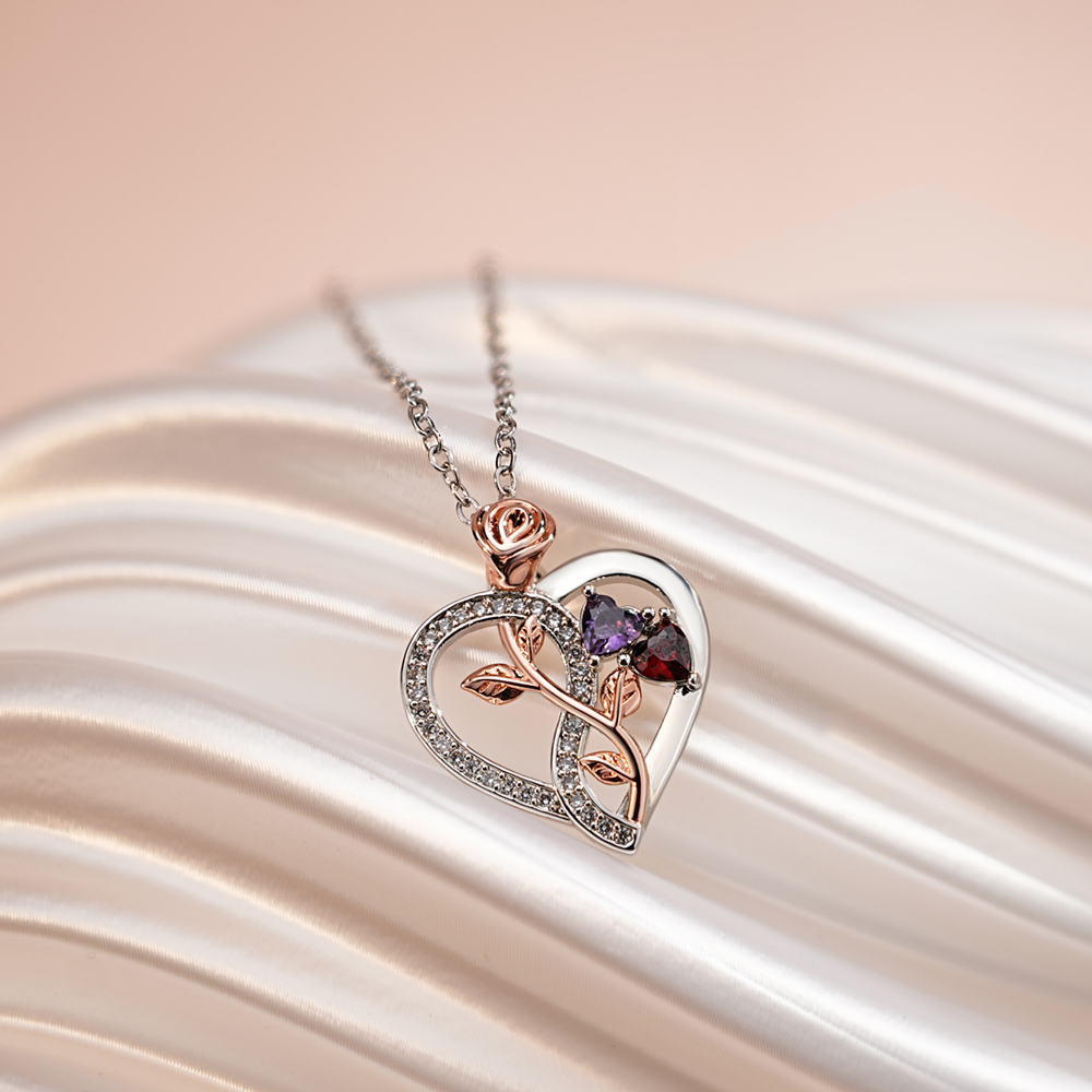 Heart-shaped birthstone rose necklace