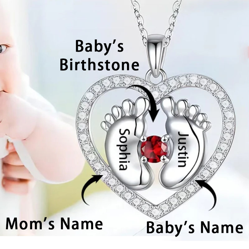 New Mom Gift - 925 Sterling Silver Heart Feet Necklace