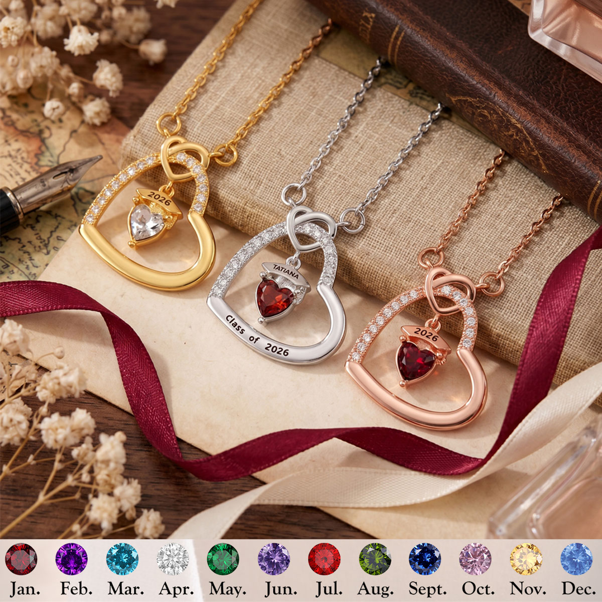Personalized Graduation Cap Birthstone Necklace,Class of 2026