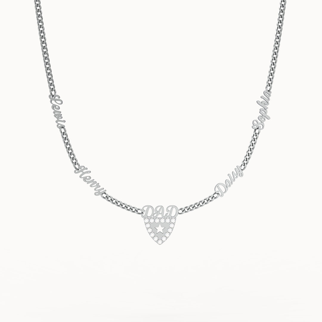 Custom Dad Necklace - Multi Name Shield Pendant with Crystal Star 