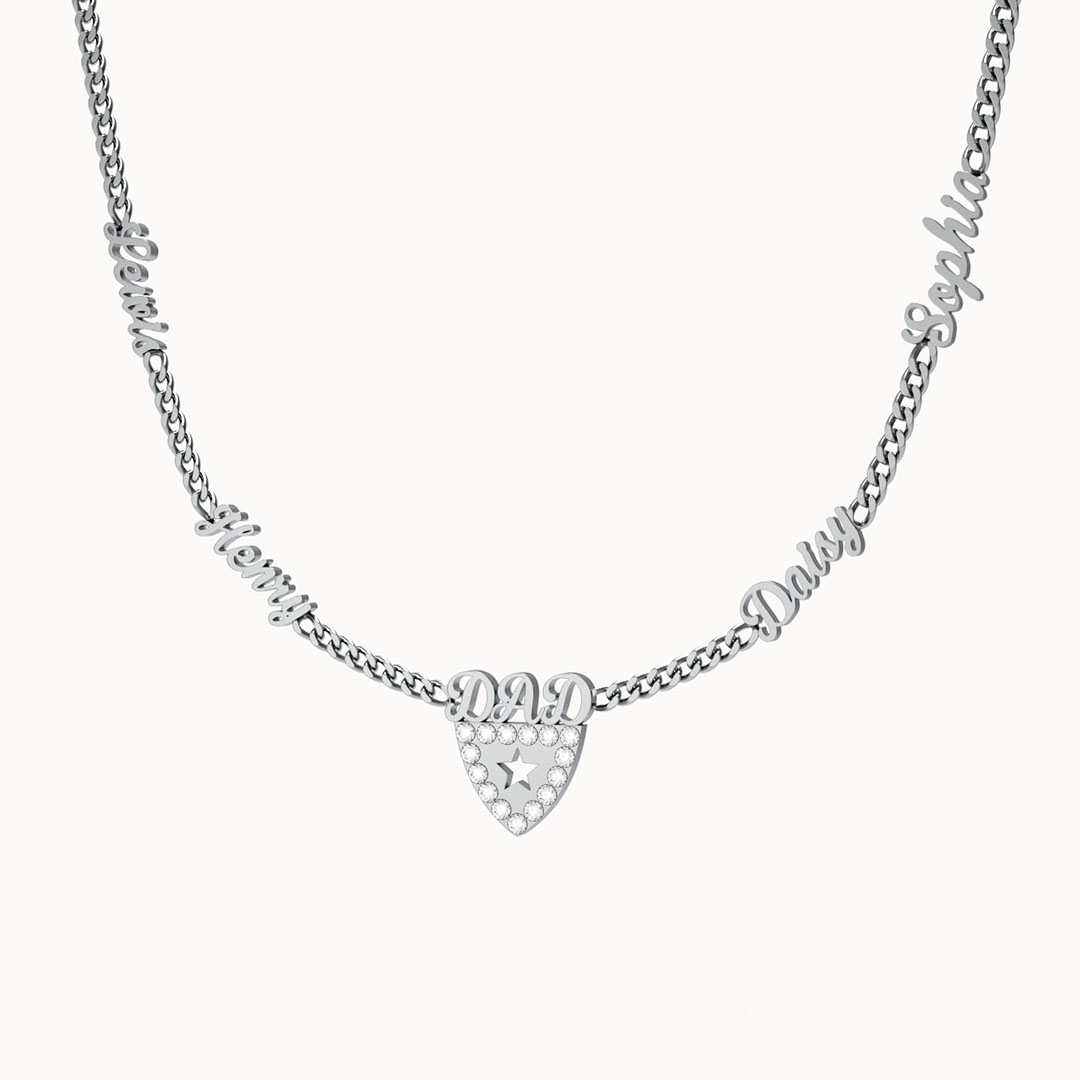 Custom Dad Necklace - Multi Name Shield Pendant with Crystal Star 