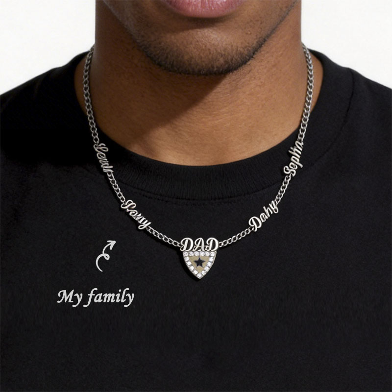 Custom Dad Necklace - Multi Name Shield Pendant with Crystal Star 