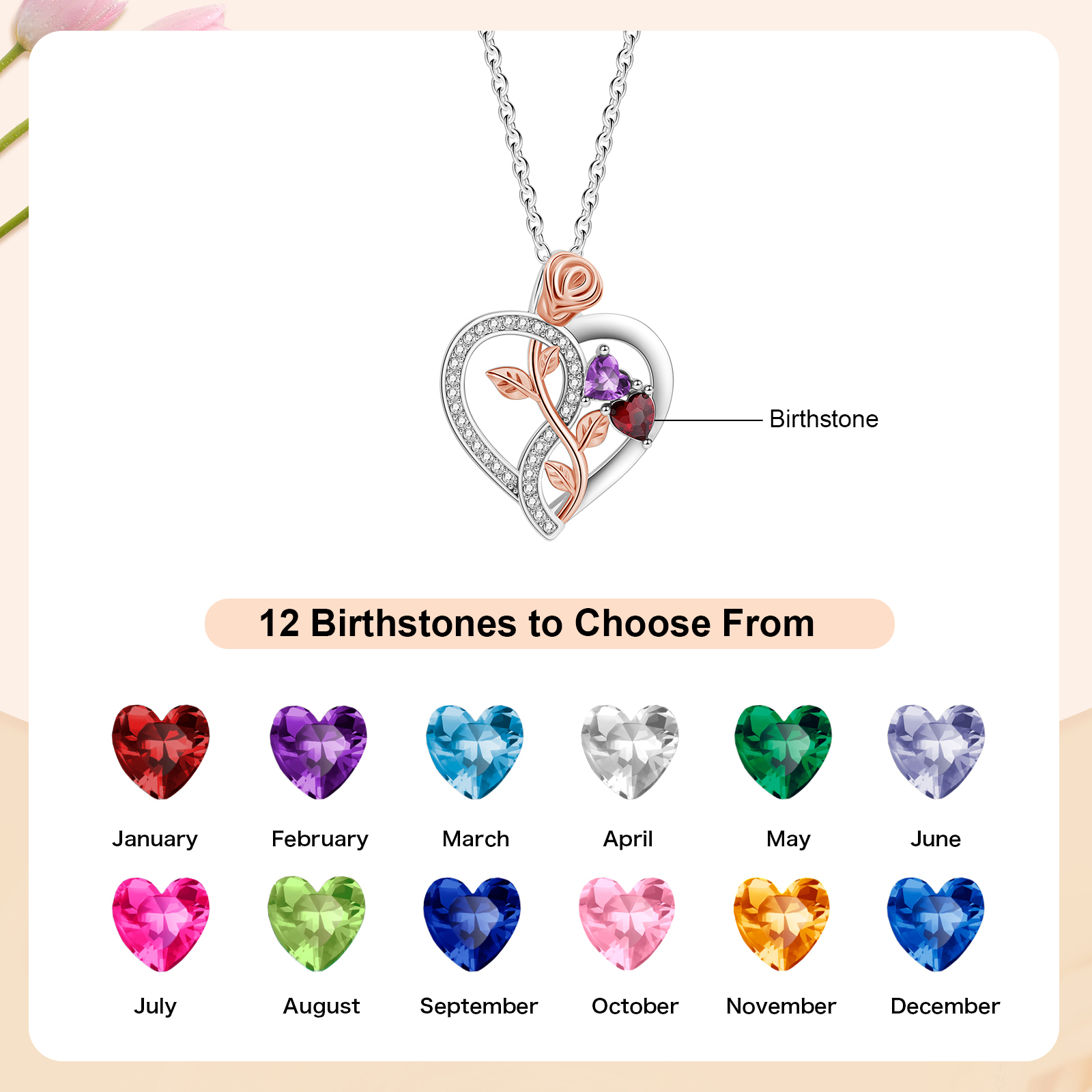 Heart-shaped birthstone rose necklace