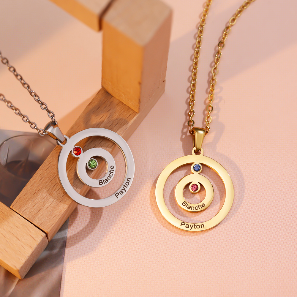 Personalized Engraved Double Circle Colored Diamond Necklace