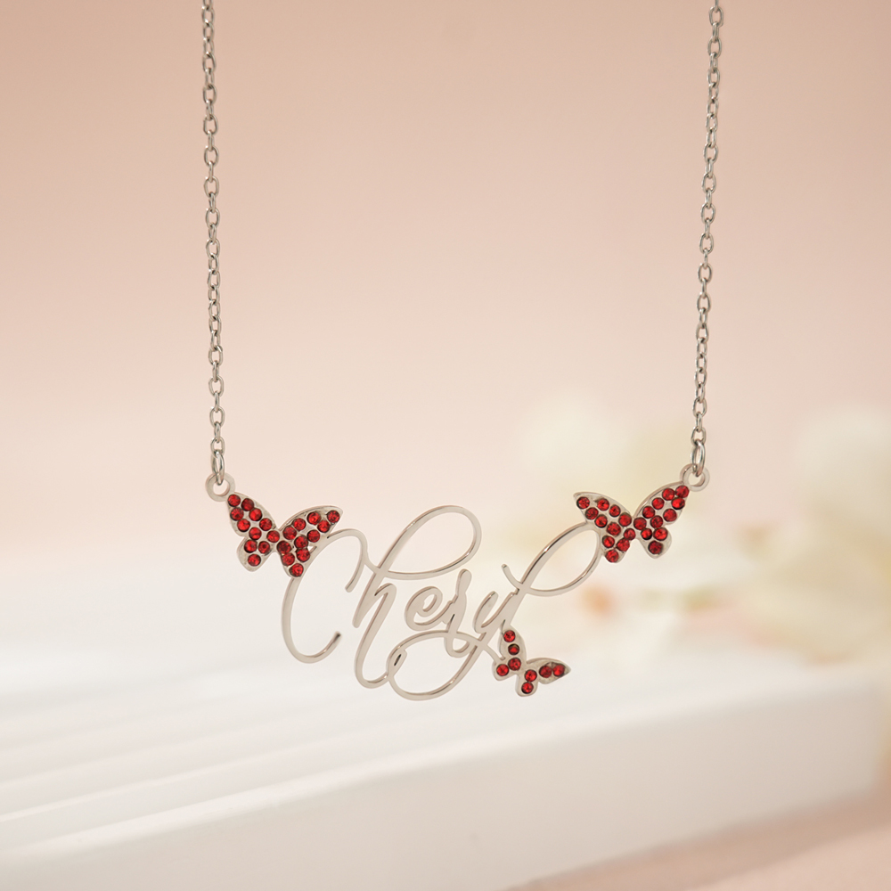 ✨ Personalized Butterfly Name Necklace with Birthstone Crystals
