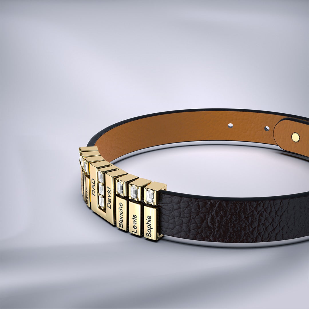 Father's Day Gift Men Learther Bracelet With Diamond Name Beads